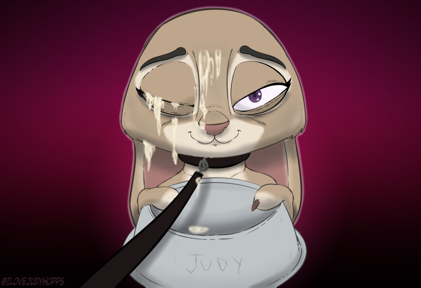 2020 anthro bodily_fluids bowl collar cum cum_on_face disney female food_bowl fur genital_fluids grey_body grey_fur hi_res holding_object judy_hopps lagomorph leash leporid mammal marthasays purple_background purple_eyes rabbit simple_background smile solo zootopia