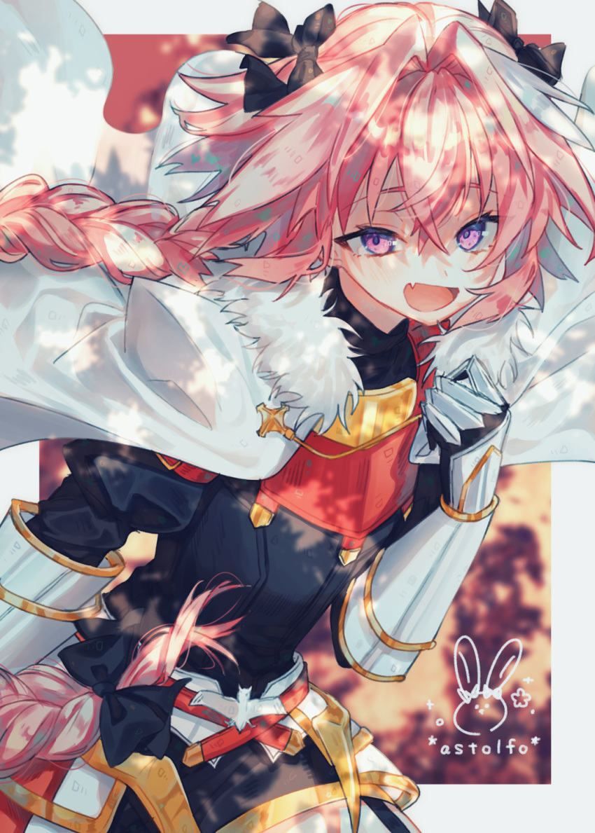 1boy armor astolfo_(fate) belt belt_buckle black_bow blush bow braid buckle capelet character_name cloak eyebrows_visible_through_hair fang fate/grand_order fate_(series) fur_trim gauntlets hair_between_eyes hair_bow highres long_hair open_mouth otoko_no_ko pink_hair purple_eyes shaded_face smile tongue white_capelet yuno_tsuitta