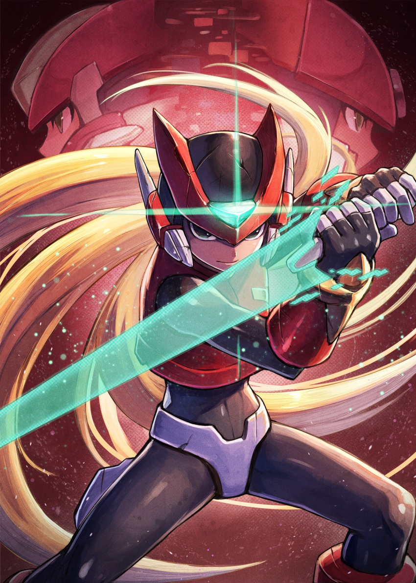 android blonde_hair closed_mouth energy_blade energy_sword helmet highres holding holding_weapon kuroi_susumu male_focus rockman rockman_zero sword weapon zero_(rockman)