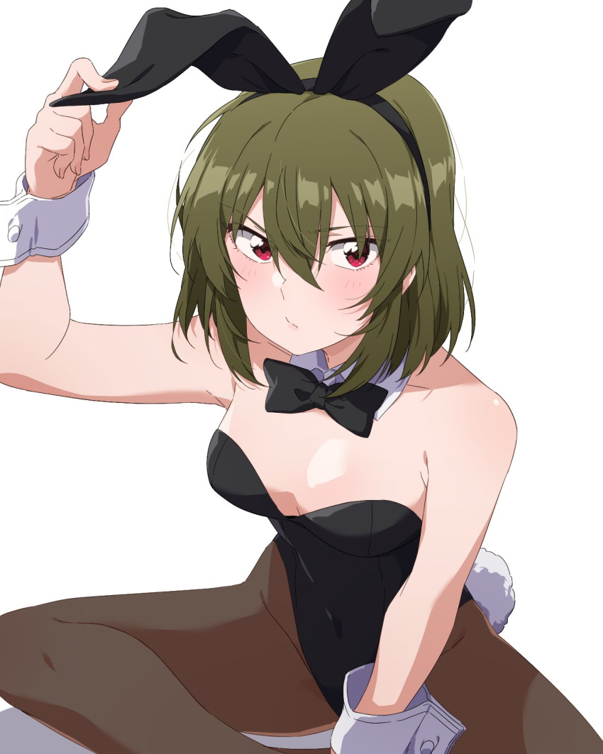 animal_ears bare_shoulders black_legwear black_leotard black_neckwear bow bowtie breasts bunny_ears bunny_girl bunny_tail bunnysuit commentary detached_collar fake_animal_ears green_hair highleg highleg_leotard highres idolmaster idolmaster_million_live! leotard looking_at_viewer medium_breasts nagami_tami nagayoshi_subaru pantyhose red_eyes short_hair sitting strapless strapless_leotard tail wrist_cuffs