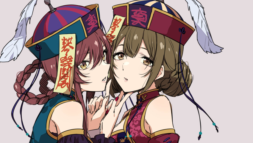 2girls braid brown_eyes brown_hair china_dress chinese_clothes commentary_request detached_sleeves double_bun dress feathers hair_rings hat highres idolmaster idolmaster_shiny_colors jiangshi_costume kuwayama_chiyuki looking_at_viewer multiple_girls nagami_tami nail_polish ofuda oosaki_amana qing_guanmao red_nails shirt simple_background sleeveless sleeveless_shirt touching_another's_chin twin_braids