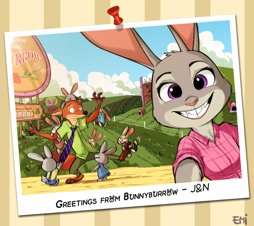 ambiguous_gender anthro bottomwear brown_body brown_fur buckteeth canid canine clothed clothing cub disney farm fox fully_clothed fur grass grey_body grey_fur grin group head_tuft hi_res judy_hopps lagomorph leporid mammal necktie nick_wilde outside pants pink_nose purple_eyes rabbit red_fox shirt sibling sky smile teeth tokio92 topwear tuft young zootopia