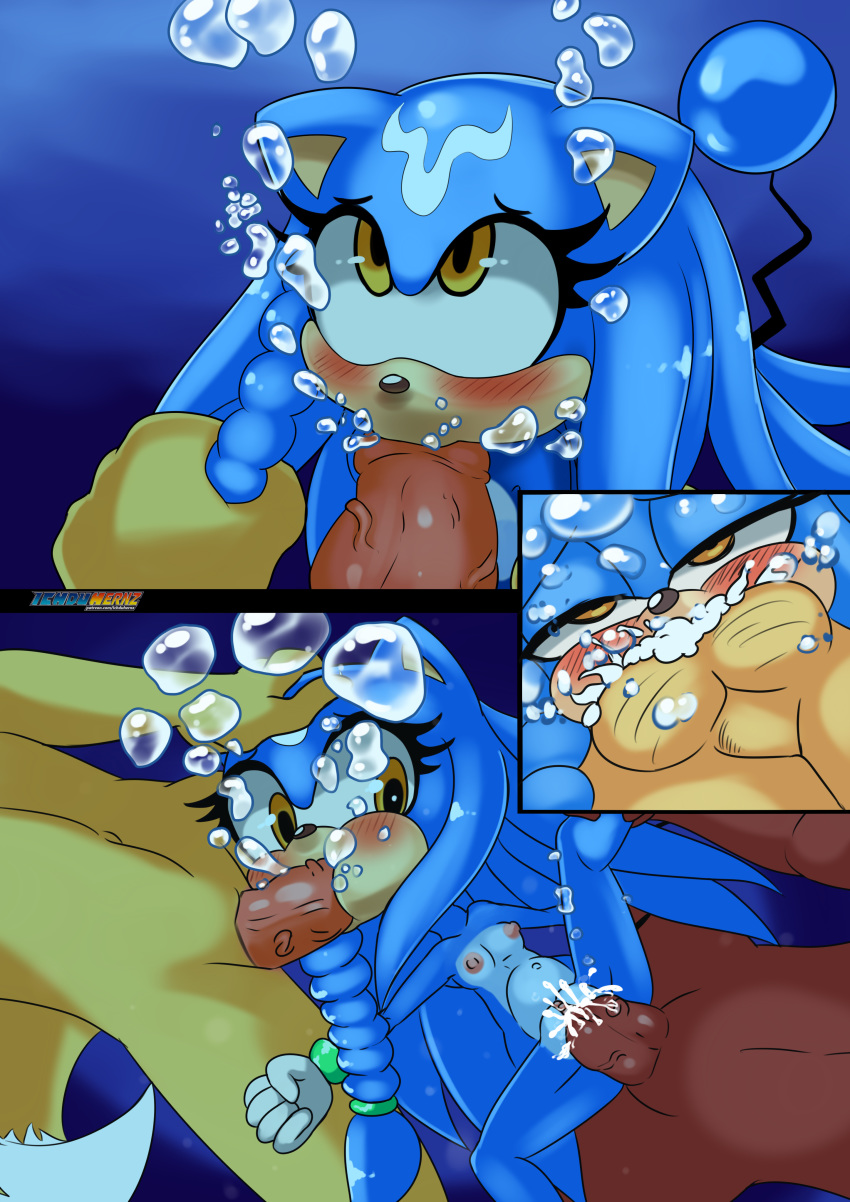 absurd_res blue_body blue_fur blush breasts bubble bubbles_rosechu canid canine clitoris cum_inside_mouth female fox fur genitals hi_res ichduhernz male male/female mammal miles_prower oral penis pussy red_body red_fur rosechu_(series) sex small_breasts sonic_the_hedgehog_(series) sonichu_(series) underwater underwater_sex unseen_character vaginal water yellow_body yellow_eyes yellow_fur