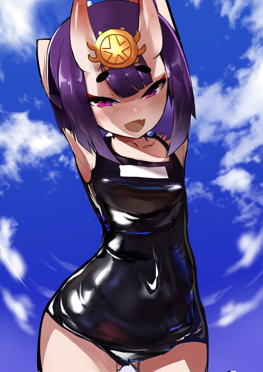 1girl arm_behind_head armpits arms_up bangs bare_shoulders black_swimsuit blue_sky blush bob_cut breasts collarbone covered_navel eyeliner fang fate/grand_order fate_(series) headpiece highres horns looking_at_viewer makeup one-piece_swimsuit oni oni_horns open_mouth purple_eyes purple_hair shimejinameko short_eyebrows short_hair shuten_douji_(fate/grand_order) skin-covered_horns sky small_breasts smile solo swimsuit
