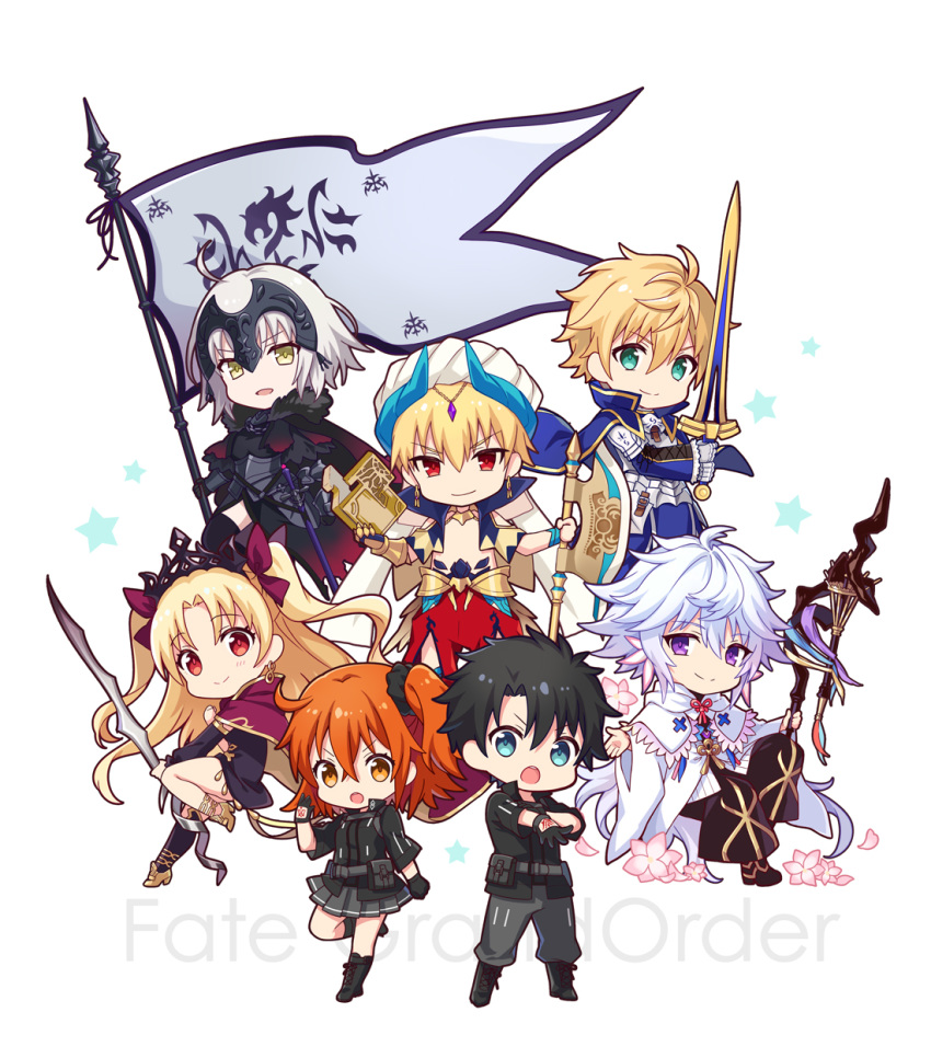 3girls 4boys :d :o aqua_eyes armor arthur_pendragon_(fate) axe black_hair black_scrunchie blonde_hair blue_eyes book bow cape chibi command_spell copyright_name crown earrings ereshkigal_(fate/grand_order) fate/grand_order fate_(series) fingerless_gloves flag fujimaru_ritsuka_(female) fujimaru_ritsuka_(male) fur_trim gilgamesh gilgamesh_(caster)_(fate) gloves hair_bow hair_ornament hair_scrunchie highres ima_(luce365) jeanne_d'arc_(alter)_(fate) jeanne_d'arc_(fate)_(all) jewelry merlin_(fate) multiple_boys multiple_girls open_mouth orange_hair pleated_skirt purple_eyes red_eyes scrunchie skirt smile staff star sword turban twintails two_side_up v-shaped_eyebrows weapon white_hair yellow_eyes