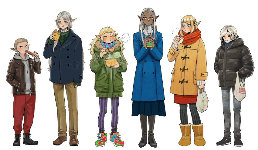 3boys 3girls :q :t ankle_boots arm_at_side bag bangs baozi biting black_coat black_footwear black_legwear blonde_hair blue_coat blue_eyes blunt_bangs blush boots bowl braid bread breath brown_footwear brown_jacket brown_pants captain_misurn chopsticks closed_eyes coat cold contemporary cross-laced_footwear dark_skin drawstring dungeon_meshi ear_clip ear_piercing eating elf facial_mark facing_viewer fleki food forehead_mark frown full_body fur-trimmed_boots fur-trimmed_coat fur_trim green_coat green_sweater grey_hair grey_hoodie grey_pants hair_over_shoulder hair_tubes hand_in_pocket hands_in_pockets high_heel_boots high_heels highres holding holding_bag holding_bowl holding_chopsticks holding_food hood hood_down hoodie jacket knee_boots kui_ryouko leather leather_jacket lineup long_hair looking_at_another looking_at_viewer looking_away looking_down looking_to_the_side low_twintails mask_pull messy_hair multicolored multicolored_clothes multicolored_footwear multicolored_scarf multiple_boys multiple_girls official_art one_eye_closed open_clothes open_jacket orange_coat otta_(dungeon_meshi) own_hands_together pants pantyhose pattdohl piercing plastic_bag pocket pointy_ears purple_legwear red_pants red_scarf scarf shoes shopping_bag short_hair sidelocks sideways_glance silver_hair sishys sleeves_past_wrists sneakers standing straight_hair striped striped_legwear surgical_mask sweater swept_bangs toggles tongue tongue_out twintails unzipped vertical-striped_legwear vertical_stripes very_long_hair winter_clothes