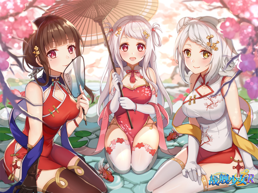 3girls :d bare_shoulders black_gloves blurry blurry_background blurry_foreground blush braid breasts brown_eyes brown_hair brown_legwear brown_umbrella character_request china_dress chinese_clothes chongqing_(warship_girls_r) cleavage cleavage_cutout closed_mouth commentary_request depth_of_field detached_sleeves double_bun dress elbow_gloves flower gloves hair_flower hair_ornament hair_rings hasu_(velicia) highres holding holding_umbrella long_hair medium_breasts multiple_girls official_art open_mouth oriental_umbrella pelvic_curtain purple_flower red_dress red_eyes red_flower rose seiza shallow_water shawl silver_hair sitting sleeveless sleeveless_dress smile thighhighs transparent tree_branch umbrella very_long_hair warship_girls_r water watermark white_dress white_gloves white_legwear yellow_flower yellow_rose yokozuwari