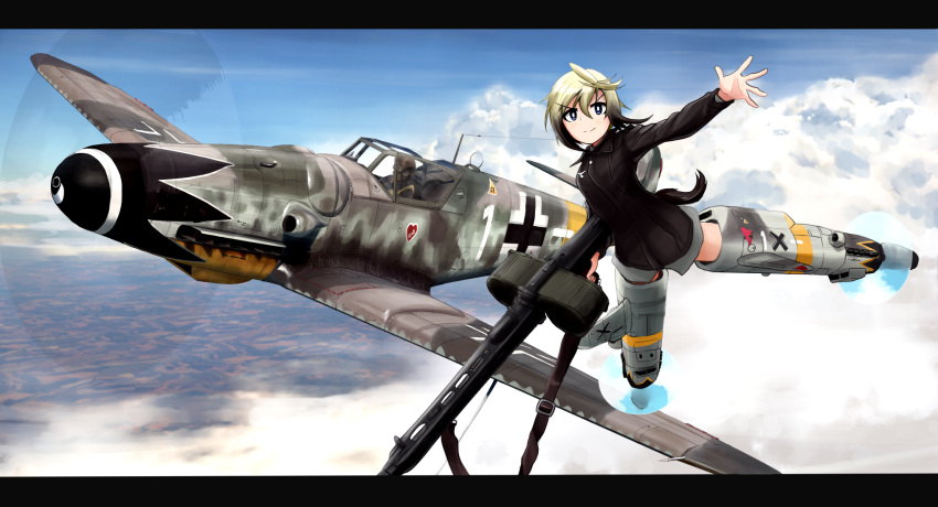 1girl 1other aircraft airplane bf_109 black_eyes black_hair black_jacket blonde_hair blue_sky blurry blurry_background bright_pupils closed_mouth cloud cloudy_sky day depth_of_field drum_magazine dual_drum_magazine erica_hartmann flying gradient_hair gun highres holding holding_gun holding_weapon jacket kk90 letterboxed long_sleeves looking_at_viewer machine_gun mg42 military military_uniform military_vehicle motion_blur multicolored_hair outdoors roundel scenery short_hair sky smirk strike_witches striker_unit tail two-tone_hair uniform v-shaped_eyebrows weapon white_pupils world_witches_series