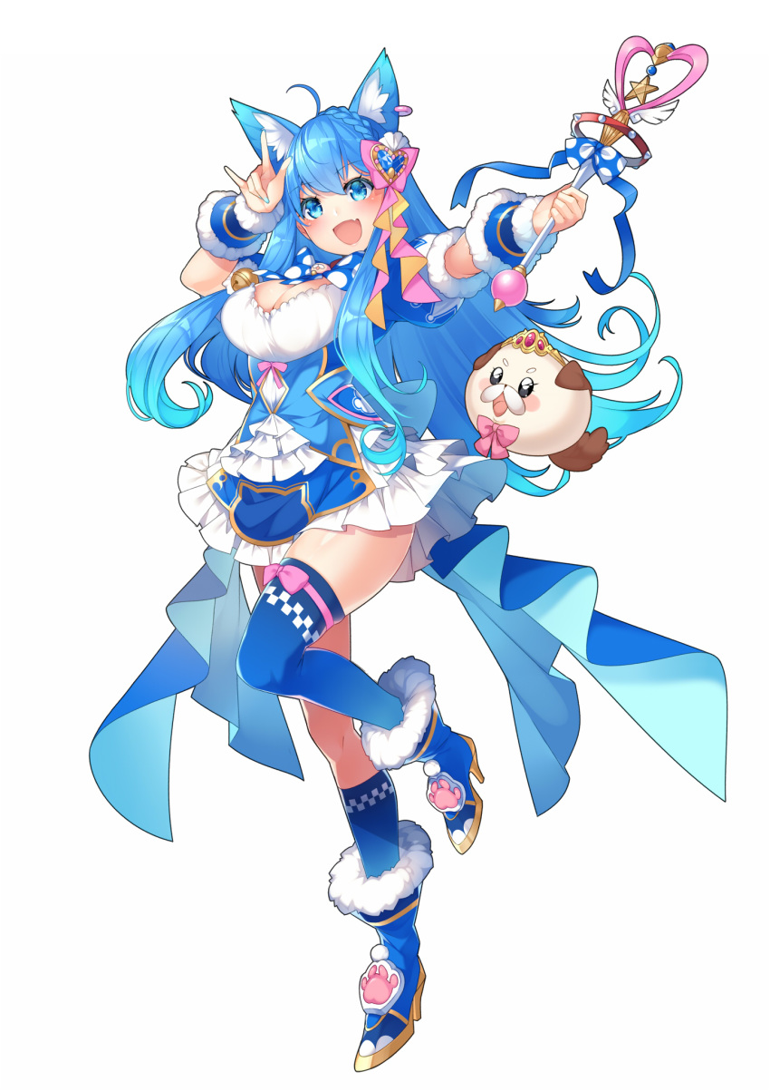 1girl :d ahoge animal_ear_fluff animal_ears animare arm_up bell blue_bow blue_dress blue_eyes blue_footwear blue_hair blue_legwear blue_nails boots bow braid breasts cleavage dress fang fox_shadow_puppet full_body fur-trimmed_boots fur-trimmed_sleeves fur_trim heart high_heel_boots high_heels highres holding holding_wand jingle_bell kokka_han large_breasts long_hair looking_at_viewer nail_polish open_mouth outstretched_arm pink_bow polka_dot polka_dot_bow puffy_short_sleeves puffy_sleeves short_sleeves simple_background smile solo souya_ichika thighhighs tiara very_long_hair virtual_youtuber wand white_background