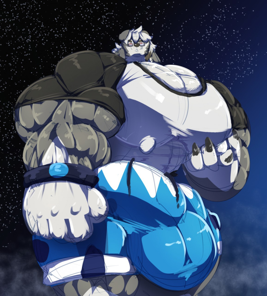 alternate_species anthro balls big_balls big_bulge big_muscles big_penis bobert bottomwear bracelet bulge clothing eyewear fur ganger genitals glasses grey_body grey_fur grin hi_res huge_balls huge_bulge huge_muscles huge_penis hyper hyper_balls hyper_bulge hyper_genitalia hyper_muscles hyper_penis jewelry looking_at_viewer looking_from_above lycanroc male muscular nintendo nipples pants penis pok&eacute;mon pok&eacute;mon_(species) shirt sky smile star starry_sky topwear video_games