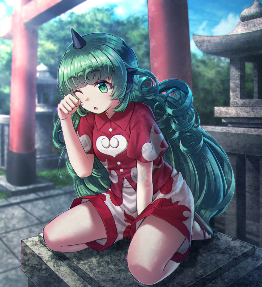 1girl absurdres animal_ears commentary curly_hair day full_body green_eyes green_hair hand_up highres horn huge_filesize kakutasu_(akihiron_cactus) kariyushi_shirt komano_aun long_hair one_eye_closed open_mouth outdoors paw_pose red_shirt sandals seiza shirt short_sleeves shorts shrine sitting solo stone_lantern torii touhou tree white_shorts