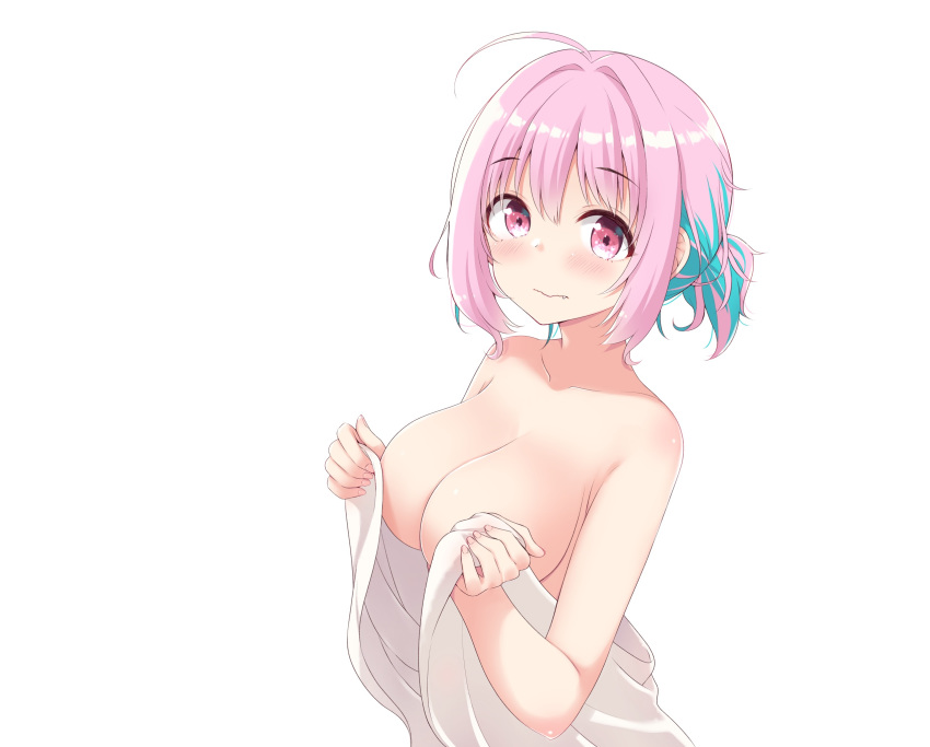 blush breasts fang idolmaster idolmaster_cinderella_girls nude pink_eyes pink_hair ponytail short_hair towel white yoshikita_popuri yumemi_riamu