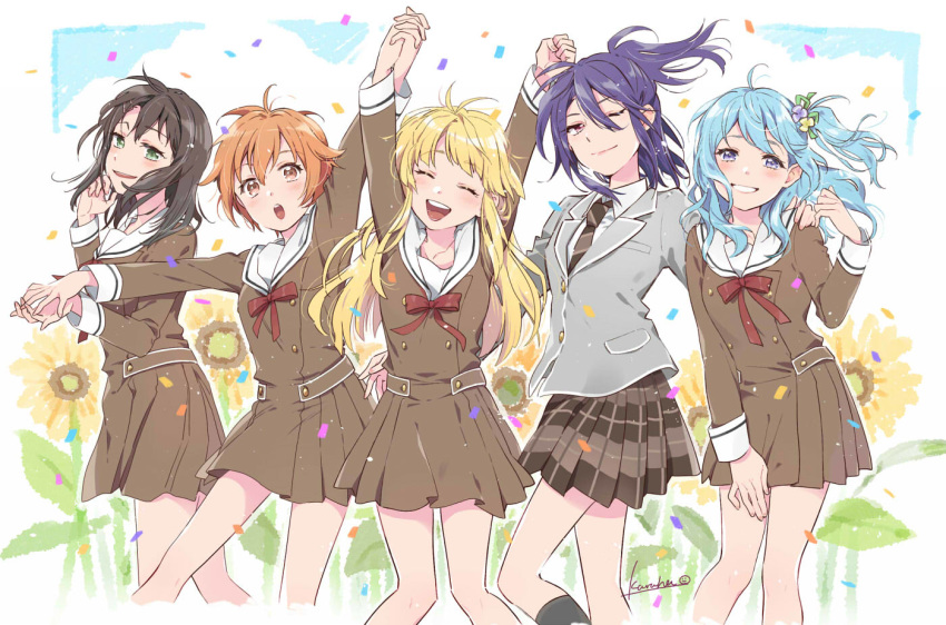 bang_dream! blazer blonde_hair brown_dress brown_eyes commentary_request dress flower green_eyes grey_jacket hair_between_eyes hair_ornament hair_ribbon hairclip hanasakigawa_school_uniform haneoka_school_uniform hello_happy_world! jacket karuha kitazawa_hagumi light_blue_hair long_hair long_sleeves matsubara_kanon medium_hair necktie okusawa_misaki one_side_up orange_hair plaid plaid_skirt pleated_skirt ponytail purple_eyes purple_hair red_eyes ribbon sailor_dress school_uniform seta_kaoru shirt short_hair sidelocks skirt striped striped_neckwear sunflower tsurumaki_kokoro white_shirt yellow_eyes