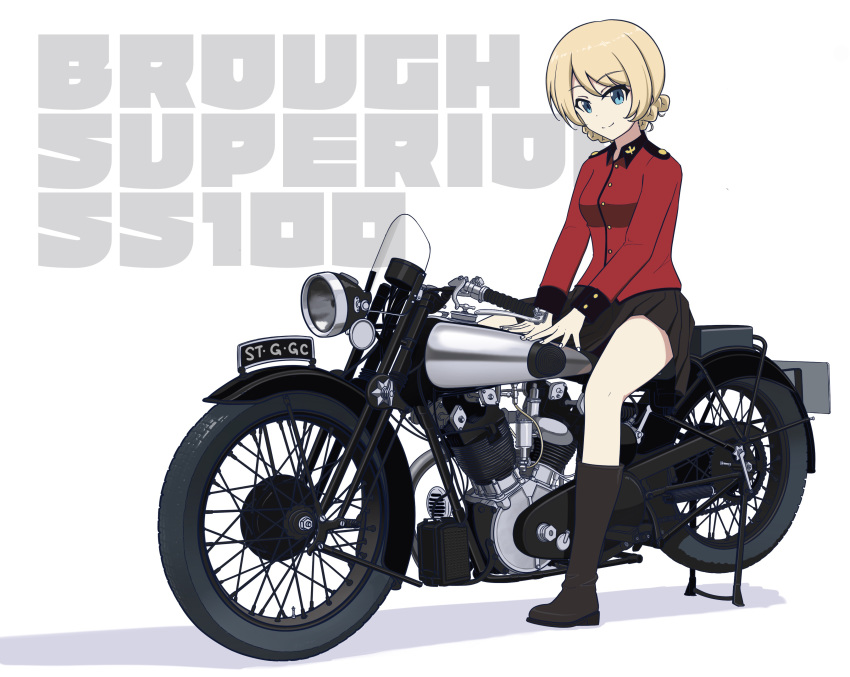 1girl absurdres bangs black_footwear black_skirt blonde_hair blue_eyes boots braid brough_superior closed_mouth commentary country_connection darjeeling_(girls_und_panzer) epaulettes eyebrows_visible_through_hair girls_und_panzer ground_vehicle highres jacket kano_(nakanotakahiro1029) long_sleeves looking_at_viewer military military_uniform miniskirt motor_vehicle motorcycle pleated_skirt red_jacket shadow short_hair simple_background sitting skirt smile solo st._gloriana's_military_uniform tied_hair twin_braids uniform white_background