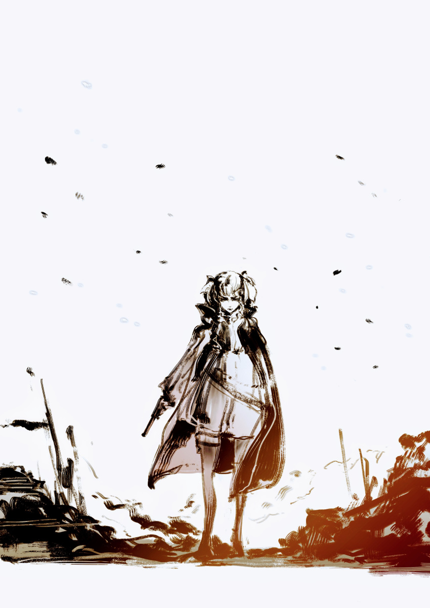 1girl absurdres blowing_leaves bodies bow cape charcoal_(medium) closed_mouth commentary dress english_commentary epaulettes full_body girls_frontline gun hair_bow handgun highres holding holding_gun holding_weapon leaf leaves_in_wind legs limited_palette lips long_sleeves looking_down monochrome pantyhose parody parody_request puffy_sleeves revolver ribbon rubble shinkawa_youji_(style) simple_background sketch smoke solo style_parody thigh_strap two_side_up vcntkm weapon webley_revolver webley_revolver_(girls_frontline) white_background white_bow white_dress wind wreckage