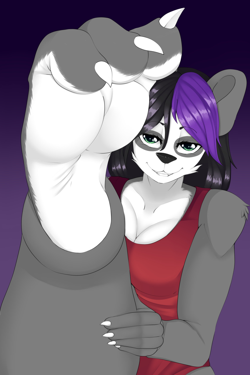 2:3 3_toes absurd_res artsenravenbrave black_hair claws feet female foot_fetish foot_focus giant_panda green_eyes grin hair hi_res mammal purple_background purple_hair simple_background smile teasing toes ursid