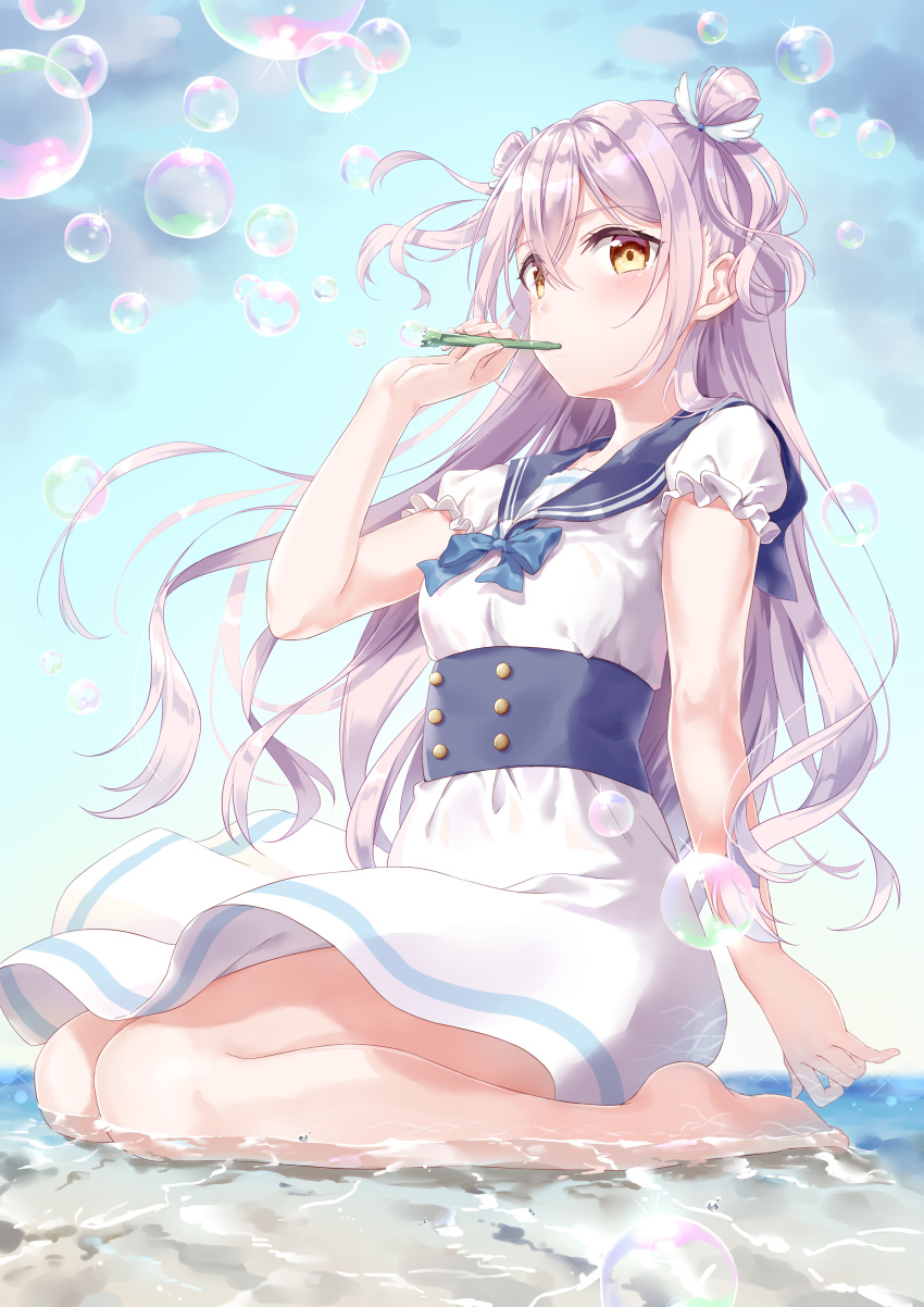1girl absurdres air_bubble bangs blue_neckwear blush bow bowtie breasts bubble bubble_blowing bubble_pipe cloud cloudy_sky commentary_request double_bun dress eyebrows_visible_through_hair floating_hair hair_between_eyes highres holding holding_pipe long_hair looking_at_viewer original partially_submerged pipe sailor_collar short_sleeves sidelocks silver_hair siooooono sitting sky small_breasts solo wariza water white_dress wing_hair_ornament yellow_eyes