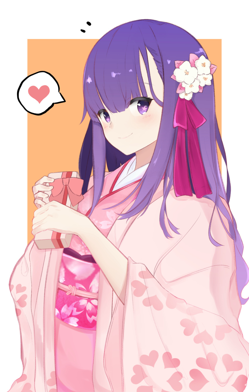 1girl absurdres bangs blush border box breasts closed_mouth fate/grand_order fate_(series) floral_print flower gift gift_box hair_flower hair_ornament hair_ribbon heart highres holding holding_gift japanese_clothes kimono long_hair long_sleeves looking_at_viewer matou_sakura obi oouna orange_background parvati_(fate/grand_order) pink_kimono pink_ribbon purple_eyes purple_hair ribbon sash smile solo spoken_heart star star-shaped_pupils symbol-shaped_pupils valentine white_border wide_sleeves