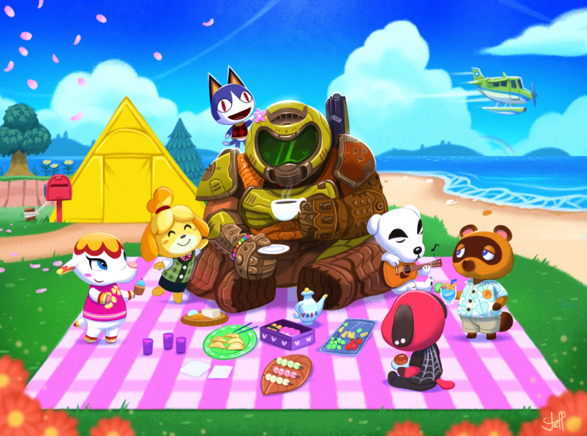 absurdres armor beach crossover cup dango doom_(game) doomguy doubutsu_no_mori drinking_glass food fruit guitar hanna_(doubutsu_no_mori) helmet highres indian_style instrument jeff_delgado mishiranu_neko music musical_note obentou picnic plate playing_instrument sally_(doubutsu_no_mori) shizue_(doubutsu_no_mori) sitting smile sushi tanukichi_(doubutsu_no_mori) teacup tent totakeke wagashi