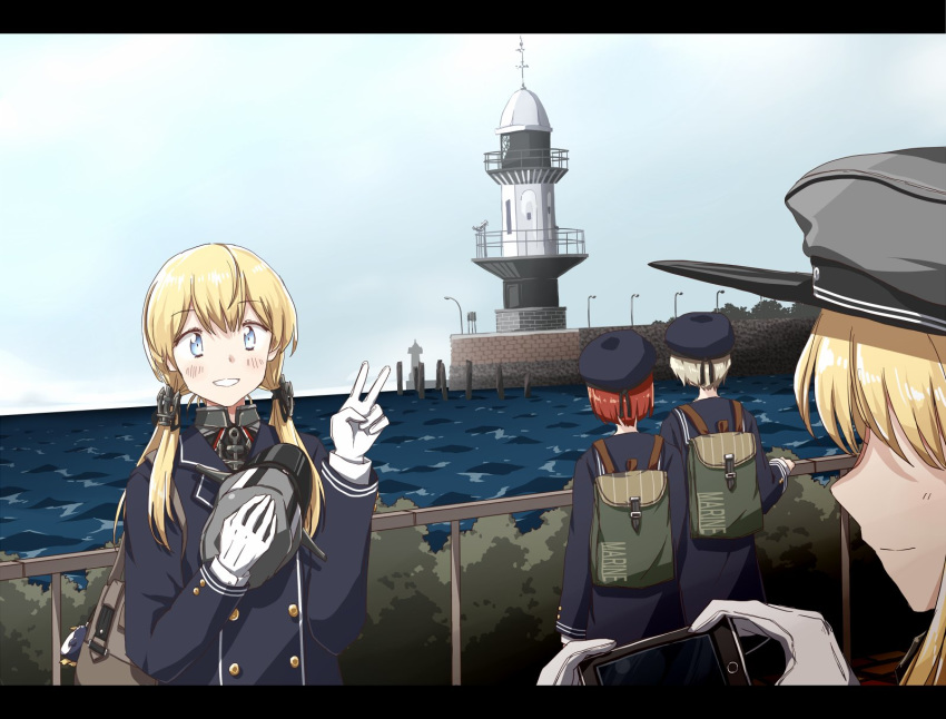 4girls any_(lucky_denver_mint) aqua_eyes backpack bag bismarck_(kantai_collection) blonde_hair blue_coat blue_sky cellphone cloud commentary_request day hat hat_removed headwear_removed highres horizon kantai_collection lighthouse long_hair low_twintails multiple_girls ocean outdoors peaked_cap phone prinz_eugen_(kantai_collection) railing scenery sky smartphone twintails v z1_leberecht_maass_(kantai_collection) z3_max_schultz_(kantai_collection)