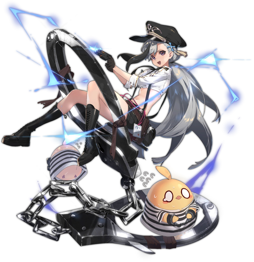 1girl :d azur_lane belt bird black_footwear black_gloves black_headwear black_shorts boots chain chick crop_top cuffs full_body gloves grey_hair hair_ornament handcuffs hat highres holding id_card knee_boots long_hair looking_at_viewer low_ponytail manjuu_(azur_lane) midriff minsk_(azur_lane) multicolored_hair navel necktie official_art open_mouth oversized_object peaked_cap prison_clothes purple_eyes shirt shisantian short_shorts shorts smile solo stomach streaked_hair suspenders taser thighs transparent_background uniform very_long_hair white_shirt