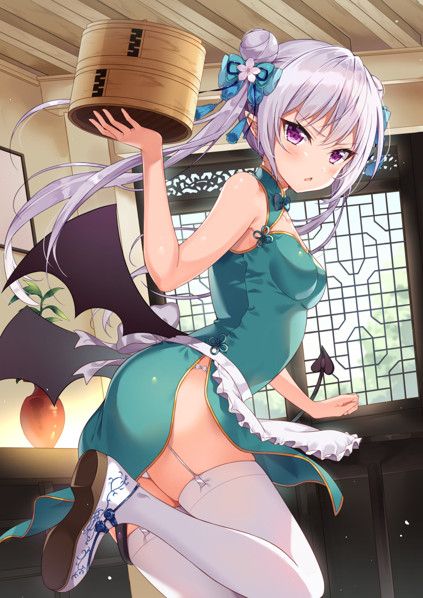 1girl absurdres apron bamboo_steamer bare_shoulders basket blush breasts china_dress chinese_clothes commentary_request demon_girl demon_tail demon_wings double_bun dress eyebrows_visible_through_hair floating garter_belt gold_trim green_dress hair_between_eyes hair_ribbon highres holding holding_basket indoors legs_up looking_at_viewer open_mouth original panties pantyshot pelvic_curtain pointy_ears purple_eyes purple_hair ribbon siooooono sleeveless sleeveless_dress small_breasts solo tail thighhighs twintails underwear v-shaped_eyebrows waist_apron white_legwear white_panties window wings
