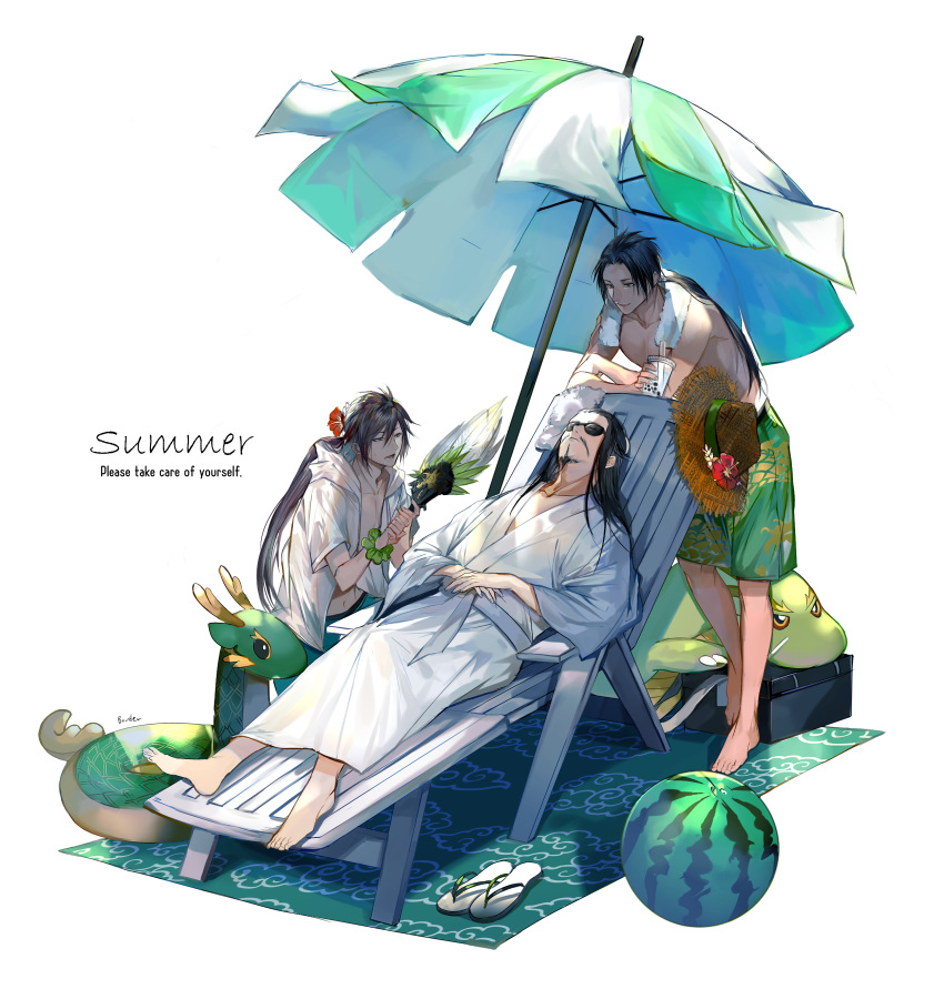3boys bangs barefoot beach_towel beach_umbrella beard black_hair border0715 box bubble_tea chair closed_eyes closed_mouth collarbone cup disposable_cup drink facial_hair fan feather_fan flower food fruit full_body goatee green_shorts hair_flower hair_ornament hands_on_own_stomach hands_together hat hat_flower hat_removed headwear_removed hibiscus highres holding holding_drink holding_fan hood hood_down hooded_jacket innertube jacket japanese_clothes jiang_wei karakusa_(pattern) kimono looking_at_another lounge_chair lying male_focus male_swimwear melon multiple_boys navel on_back open_clothes open_jacket open_mouth parted_bangs ponytail red_flower sandals sandals_removed sangoku_musou scrunchie shin_sangoku_musou shirtless short_sleeves shorts simple_background smile standing straw_hat sunglasses swim_trunks swimwear towel towel_around_neck umbrella watermelon white_background white_kimono wrist_scrunchie zhao_yun zhuge_liang