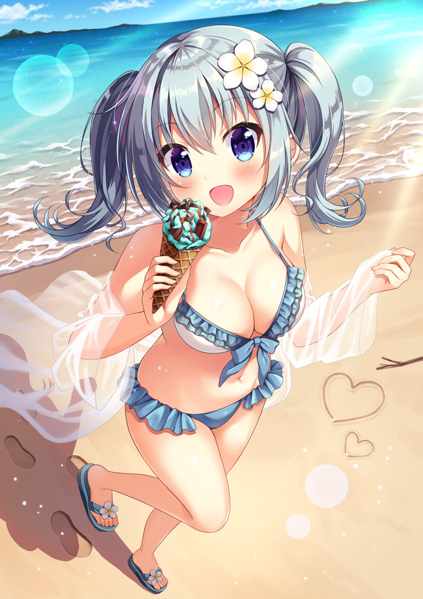1girl absurdres beach bikini blue_eyes blush branch breasts cleavage cloud cloudy_sky commentary_request eyebrows_visible_through_hair flower food footprints frilled_bikini frills hair_between_eyes hair_flower hair_ornament heart highres holding holding_food ice_cream jacket light_blue_hair light_rays looking_at_viewer medium_breasts ocean open_clothes open_jacket open_mouth original outdoors sandals see-through shiny shiny_hair short_hair siooooono sky solo sparkle swimsuit twintails