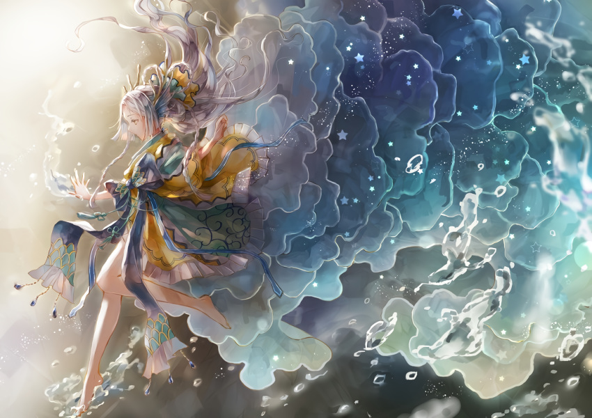 barefoot gray_hair long_hair misaki_yuu_(misaki_1192) original water