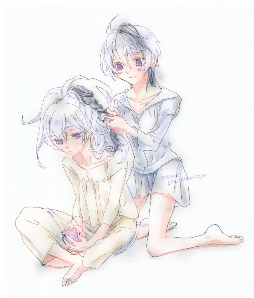 2girls barefoot blue_shirt braiding_hair cellphone dated dual_persona emu_(marico_w) expressionless flat_chest flower_(vocaloid) hairdressing highres holding holding_phone kneeling light_blue_skirt long_hair looking_down multicolored_hair multiple_girls pajamas pants phone purple_eyes purple_hair shirt short_hair sitting skirt smartphone smile streaked_hair twitter_username v_flower_(vocaloid4) vocaloid white_background white_hair yellow_pants yellow_shirt