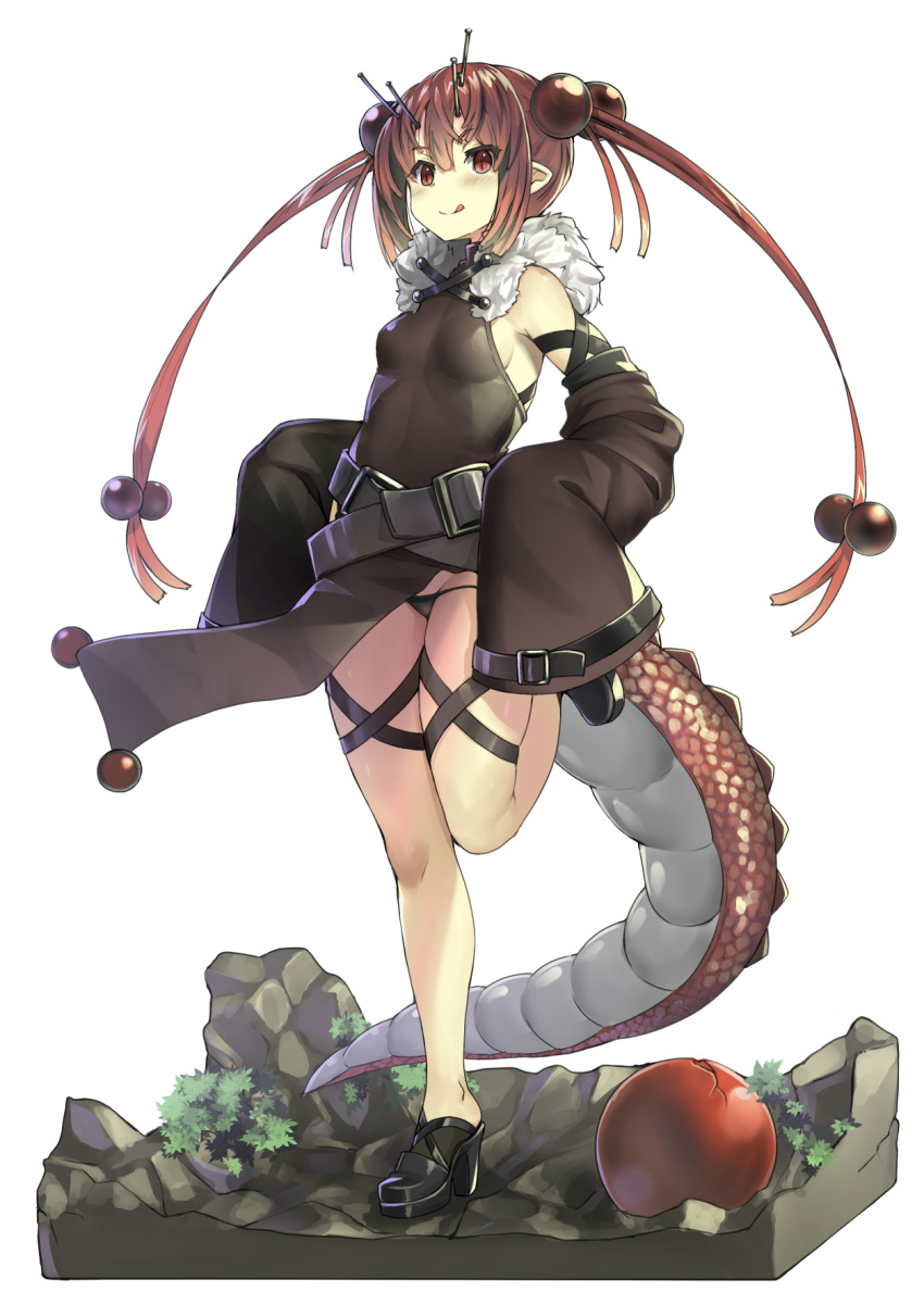 1girl bare_shoulders black_footwear blush crack cracked detached_sleeves dragon_girl dragon_tail eyebrows_visible_through_hair fur_trim highres itou_ryuusei long_hair long_sleeves original pointy_ears red_eyes red_hair rock simple_background sleeves_past_wrists slit_pupils solo standing standing_on_one_leg tail thigh_strap tongue tongue_out twintails white_background