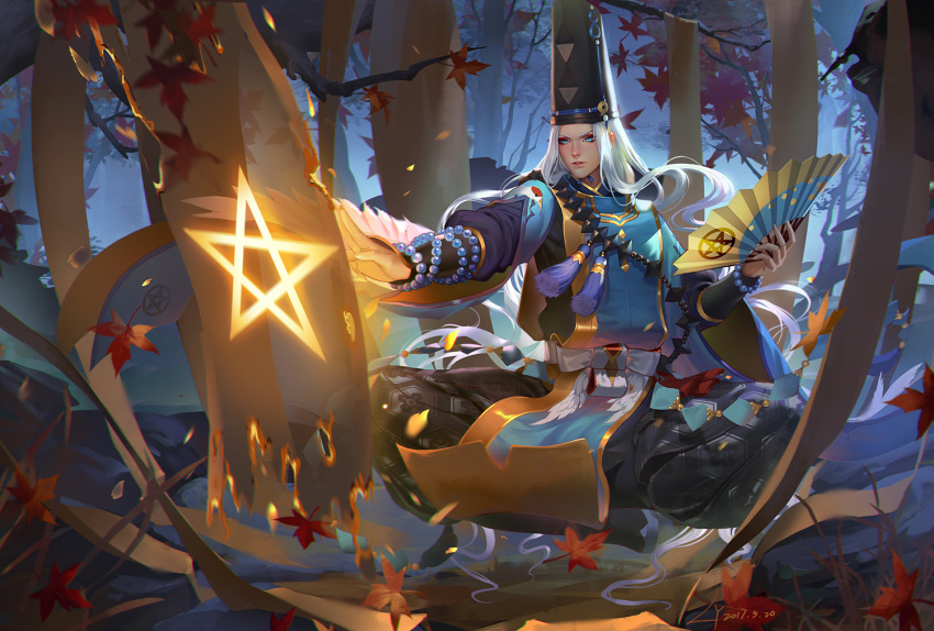 1boy abe_no_seimei_(onmyoji) autumn_leaves beads black_headwear blue_eyes fan floating floating_hair forest full_body hat holding holding_fan japanese_clothes kariginu lian_yao long_hair long_sleeves looking_at_viewer magic male_focus midair nature onmyoji outdoors parted_lips sitting solo star tassel tate_eboshi white_hair