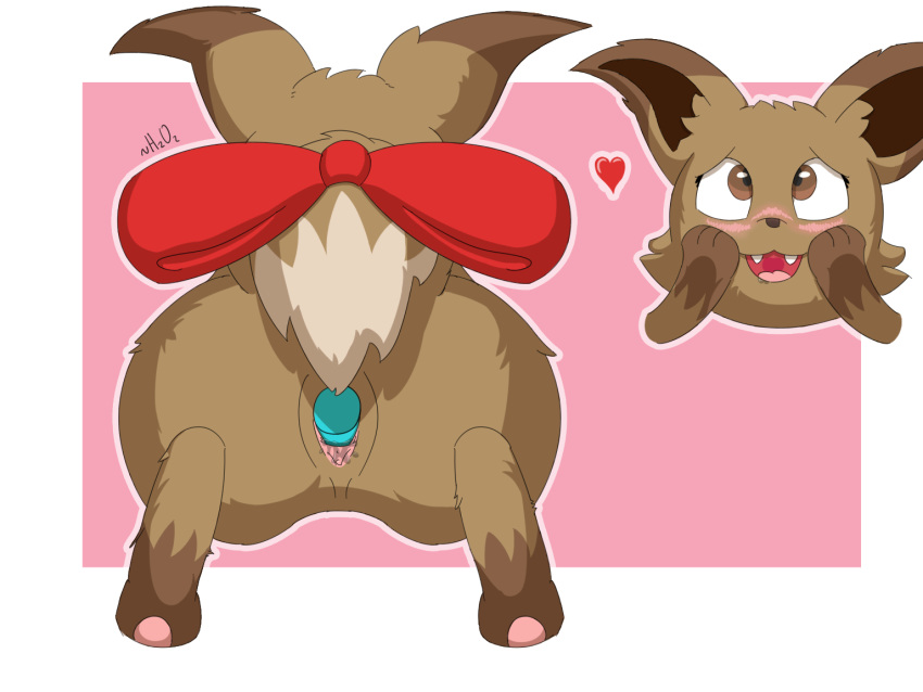 &lt;3 4:3 bodily_fluids bow brown_body brown_eyes brown_fur brown_nose cute_fangs dipstick_ears dipstick_tail drooling eevee emma_the_eevee female feral fur genital_fluids genitals h2o2 happy leg_markings looking_pleasured markings multicolored_ears multicolored_tail nintendo pawpads penetration pink_pawpads pok&eacute;mon pok&eacute;mon_(species) pussy pussy_juice rear_view ribbons saliva sex_toy snout socks_(marking) solo tail_bow tail_ribbon vaginal vaginal_penetration video_games