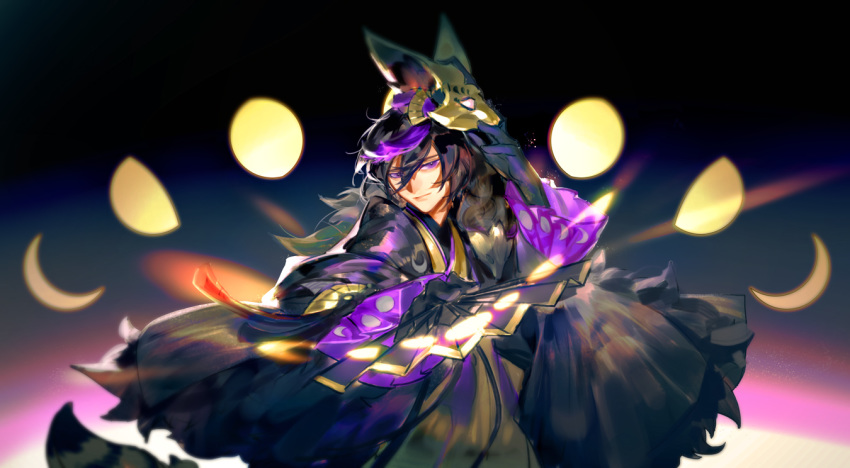 1boy arm_up bangs black_gloves black_hair character_request closed_mouth crescent fan fox_mask full_moon gloves hangleing holding holding_fan holding_mask japanese_clothes long_hair long_sleeves looking_at_viewer male_focus mask mask_on_head moon noh_mask onmyoji purple_eyes solo upper_body