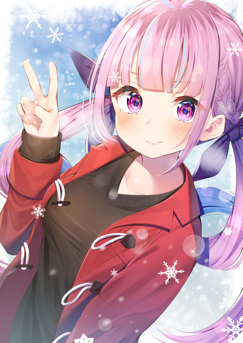1girl absurdres bangs black_sweater blue_hair blush braid breasts collarbone commentary_request eyebrows_visible_through_hair hair_ribbon highres hololive jacket long_hair long_sleeves looking_at_viewer minato_aqua multicolored_hair nari_(narikashi) purple_eyes purple_hair red_jacket ribbon smile snowflakes solo sweater twintails two-tone_hair upper_body virtual_youtuber
