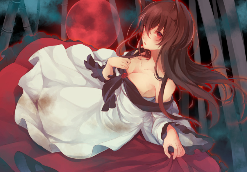 1girl animal_ears bamboo bamboo_forest bare_shoulders brooch brown_hair collarbone dress forest frilled_dress frilled_skirt frills full_moon gensou_aporo hand_on_own_chest holding_skirt imaizumi_kagerou jewelry long_hair long_sleeves looking_at_viewer looking_to_the_side moon nature off-shoulder_dress off_shoulder red_eyes red_moon red_skirt skirt tail touhou werewolf white_dress wide_sleeves wolf_ears