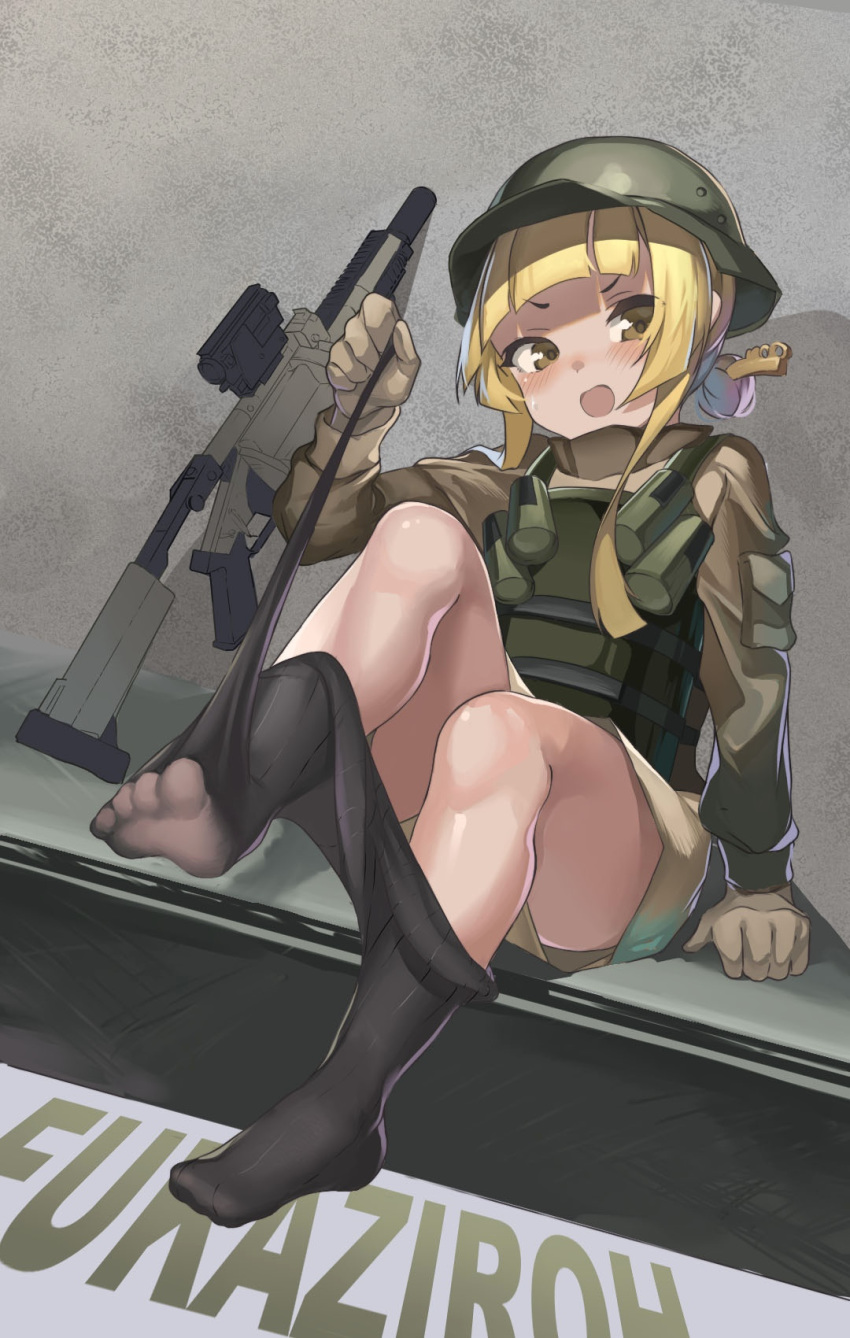 1girl black_legwear blonde_hair blush brown_gloves brown_shirt feet fukaziroh_(sao) gloves green_headwear green_helmet gun hair_bun helmet highres knee_up knife_in_hair legs no_pants open_mouth pantyhose pantyhose_pull sakurami_sumi see-through shirt short_hair sitting solo sword_art_online sword_art_online_alternative:_gun_gale_online thighs toes weapon weapon_request yellow_eyes