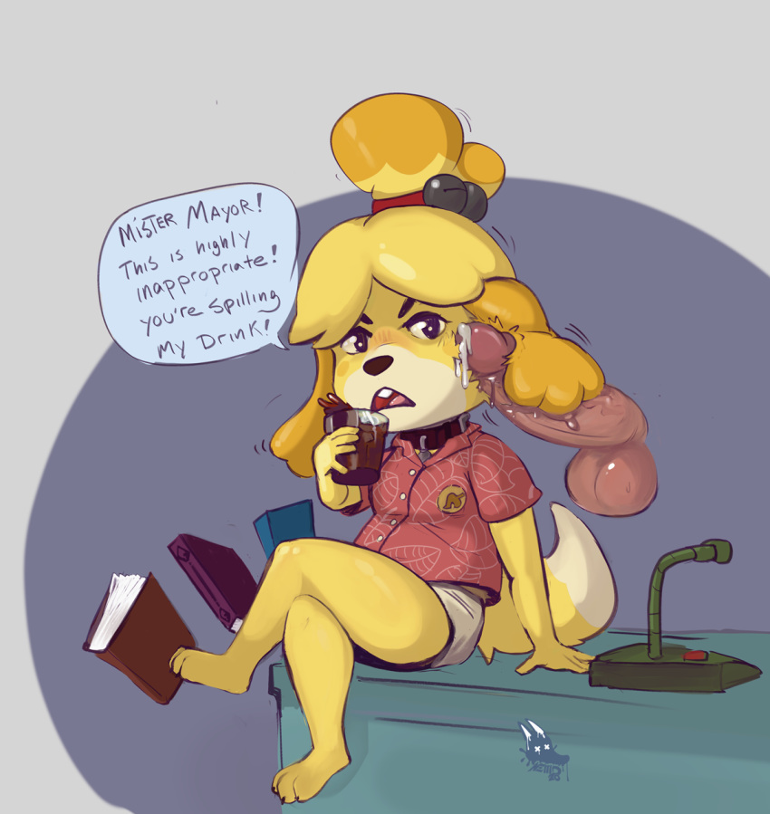 animal_crossing anthro balls beverage black_eyes blush bodily_fluids book canid canine canis clothed clothing collar cum cum_on_face desk dialogue domestic_dog english_text female female_focus fur furniture genital_fluids genitals hair hi_res isabelle_(animal_crossing) male male/female mammal newd nintendo open_mouth penis penis_on_face shih_tzu sitting solo_focus sweat teeth text tongue toy_dog video_games yellow_body yellow_fur