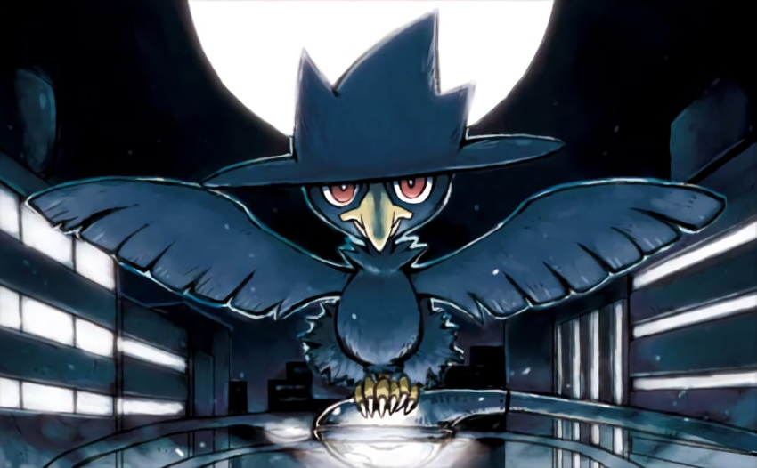 bird bird_focus brown_eyes building city claws commentary creature english_commentary full_body full_moon gen_2_pokemon koizumi_tetsuya looking_at_viewer moon multiple_sources murkrow night night_sky no_humans official_art outdoors pokemon pokemon_(creature) pokemon_trading_card_game sky solo standing third-party_source