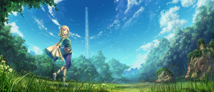 blonde_hair clouds dualscreen flowers original pointed_ears short_hair sky