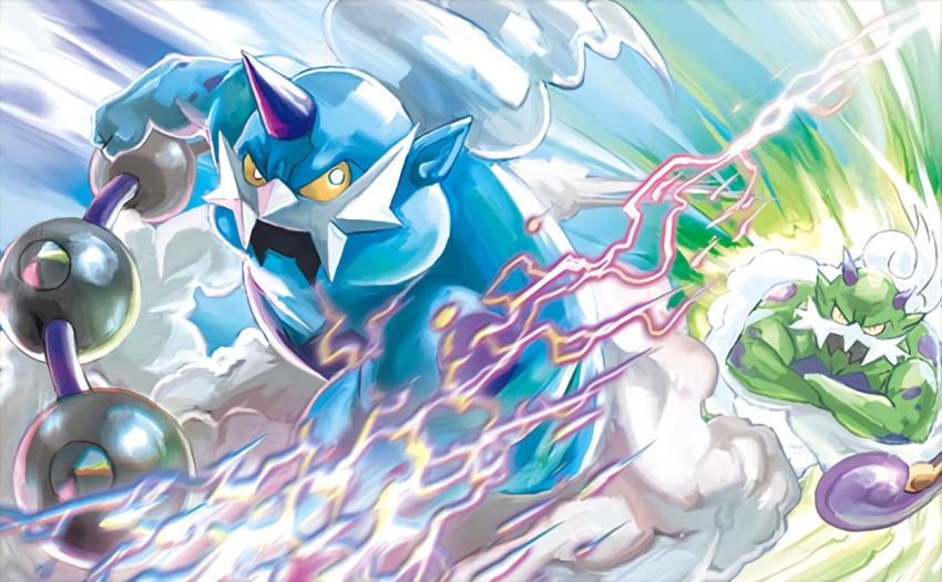 anesaki_dynamic creature floating gen_5_pokemon horn horns muscle no_humans official_art pokemon pokemon_(creature) pokemon_trading_card_game third-party_source thundurus tornadus yellow_eyes