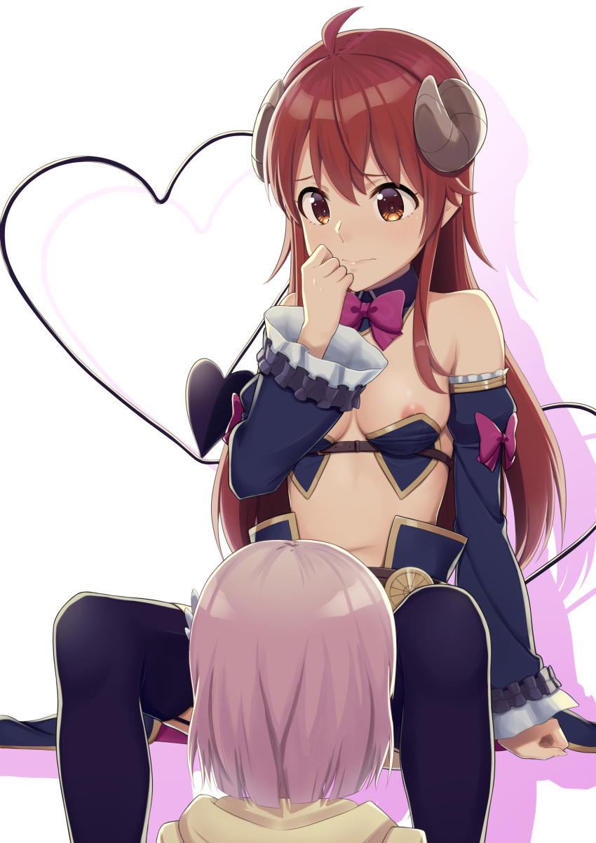 1girl 2girls absurdres ahoge armor bare_shoulders bikini_armor black_legwear blush bow bowtie breasts brown_eyes brown_hair chiyoda_momo closed_mouth demon_girl demon_horns demon_tail eyebrows_visible_through_hair highres horns k-ya. long_hair machikado_mazoku medium_breasts multiple_girls navel nipple_slip nipples pink_hair pink_neckwear shadow shiny shiny_hair shiny_skin short_hair simple_background solo spread_legs tail thighhighs white_background yoshida_yuuko_(machikado_mazoku) yuri