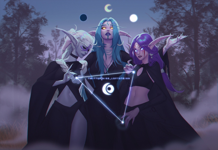 3girls aqua_hair bangs black_skirt braid breasts closed_eyes commentary crescent_moon dniseb earrings elf english_commentary facial_mark forehead_mark front_braid full_moon glowing glowing_eyes hand_on_another's_head highres jewelry lips long_eyebrows long_skirt magic medium_breasts midriff moon multiple_girls multiple_moons navel night night_elf no_pupils parted_bangs pendant pointy_ears purple_hair purple_lips purple_skin side_slit skirt small_breasts twitter_username warcraft white_hair wide_sleeves world_of_warcraft yellow_eyes