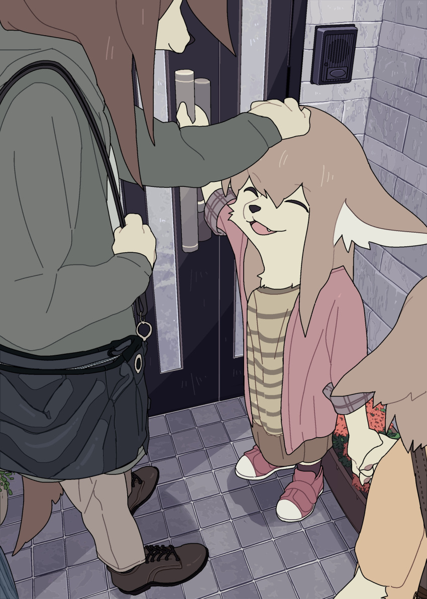 ^_^ ambiguous_gender anthro bottomwear brown_hair building canid canine child clothed clothing coat cub cute_fangs daughter detailed_background door eyes_closed female fennec flower footwear fox fully_clothed fur group hair hand_holding handbag head_pat hi_res holding_object inner_ear_fluff kemono long_hair looking_at_another mammal mother mother_and_child mother_and_daughter neck_tuft open_mouth outside pants parent parent_and_child plant shirt shoes sibling sister smile standing tan_body tan_fur taracod topwear tuft young