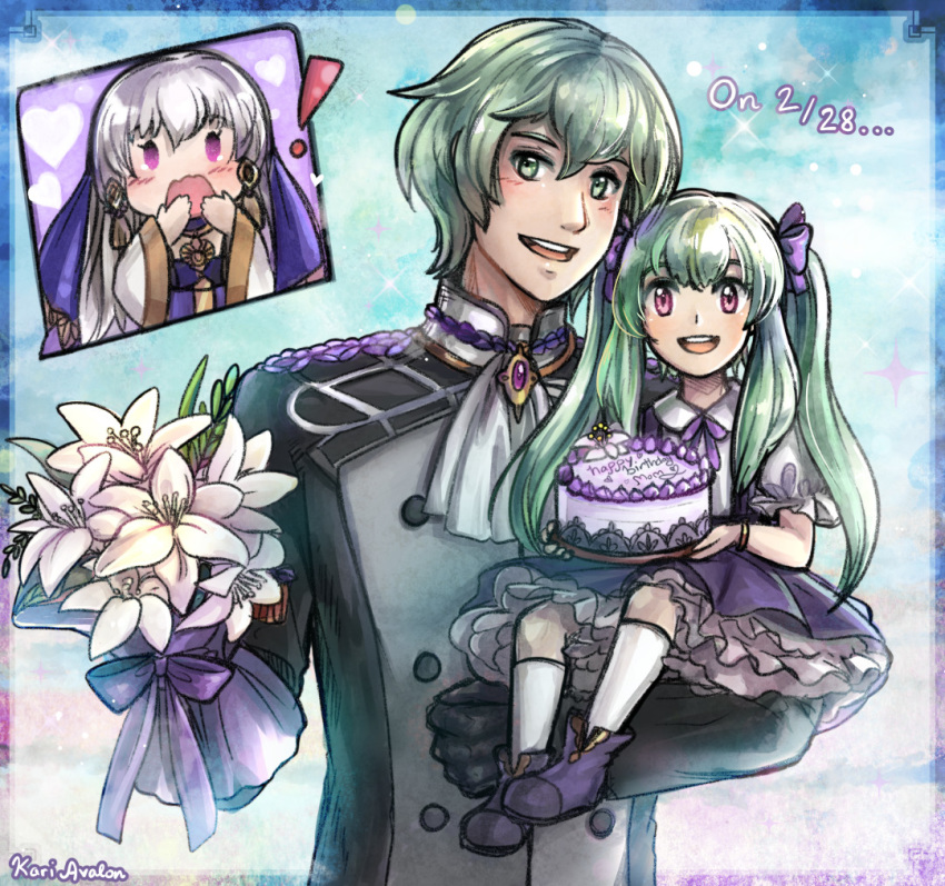 ! 1boy 2girls :d :o artist_name blush bouquet byleth_(fire_emblem) byleth_(fire_emblem)_(male) cake dated dress english_commentary father_and_daughter fire_emblem fire_emblem:_three_houses flower food frilled_dress frills green_eyes green_hair hair_ribbon happy_birthday holding_person if_they_mated kari_avalon long_hair lysithea_von_ordelia mother_and_daughter multiple_girls open_mouth purple_dress purple_eyes ribbon sidelocks silver_hair smile twintails