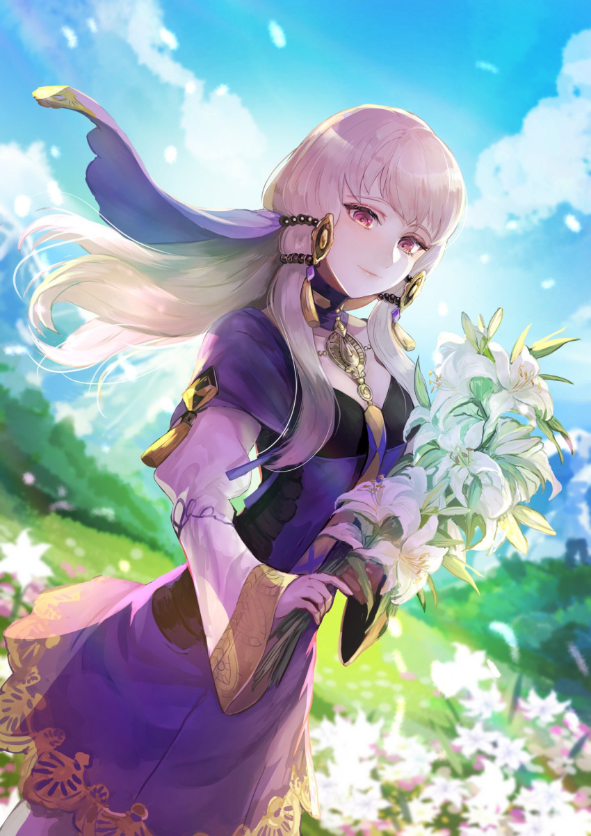 1girl bangs blue_sky blush bouquet cloud commentary_request day dress fire_emblem fire_emblem:_three_houses flower highres holding holding_flower kokouno_oyazi light_smile long_hair long_sleeves looking_at_viewer lysithea_von_ordelia outdoors purple_dress purple_eyes silver_hair sky solo uniform wide_sleeves