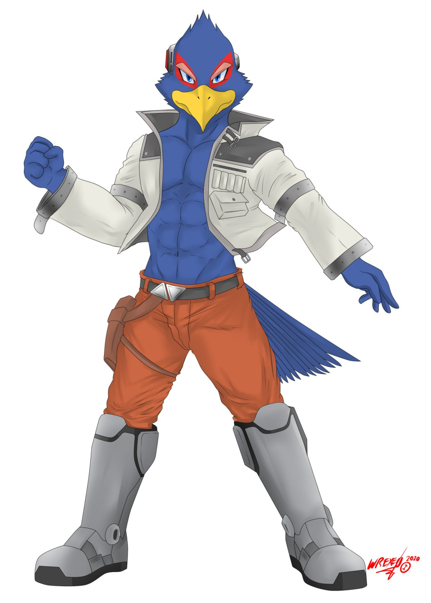 anthro avian beak blue_body blue_eyes blue_fur clothed clothing falco_lombardi fur hi_res invalid_tag ligoni looking_at_viewer male muscular nintendo simple_background solo star_fox video_games white_background