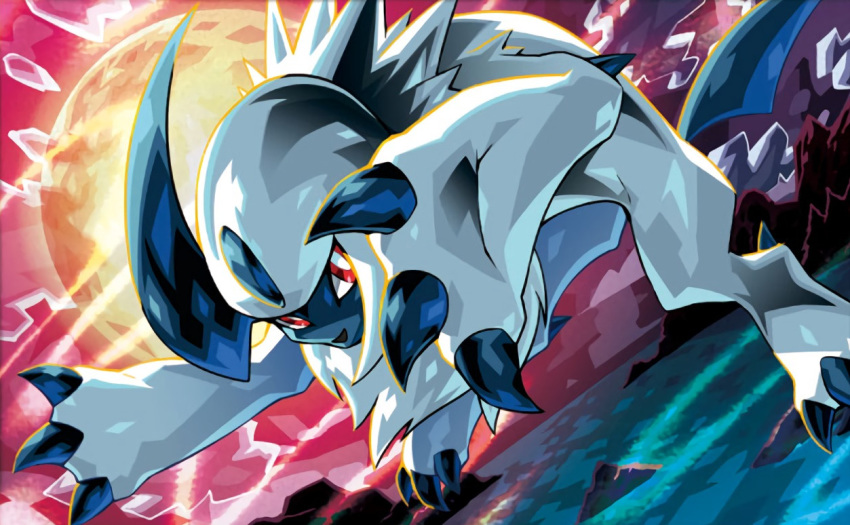 absol claws creature dutch_angle full_body full_moon gen_3_pokemon jumping looking_at_viewer moon nagimiso no_humans official_art outdoors pokemon pokemon_(creature) pokemon_trading_card_game red_eyes sky solo third-party_source