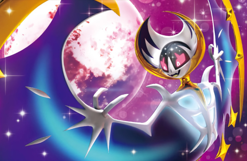 5ban_graphics :d creature fangs flying full_moon gen_7_pokemon legendary_pokemon looking_down lunala moon no_humans official_art open_mouth pink_eyes pokemon pokemon_(creature) pokemon_trading_card_game sky smile solo third-party_source tsurime upper_body