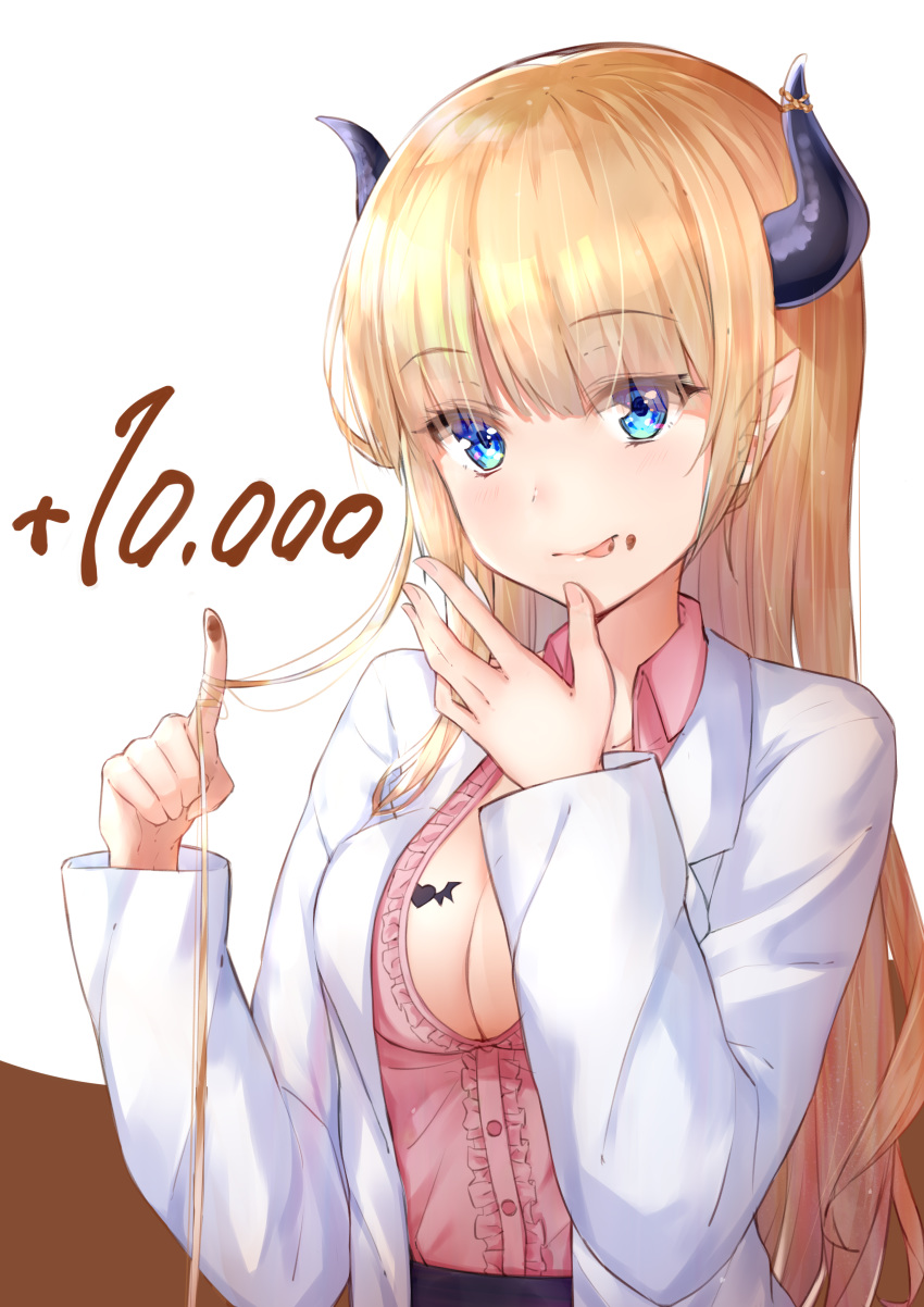 1girl absurdres bangs blonde_hair blue_eyes breasts cleavage demon_girl demon_horns eyebrows_visible_through_hair highres hololive horns isutoon_(ist3129) long_hair long_sleeves looking_at_viewer medium_breasts pink_shirt pointy_ears shirt simple_background smile solo tongue tongue_out virtual_youtuber white_background yuzuki_choco